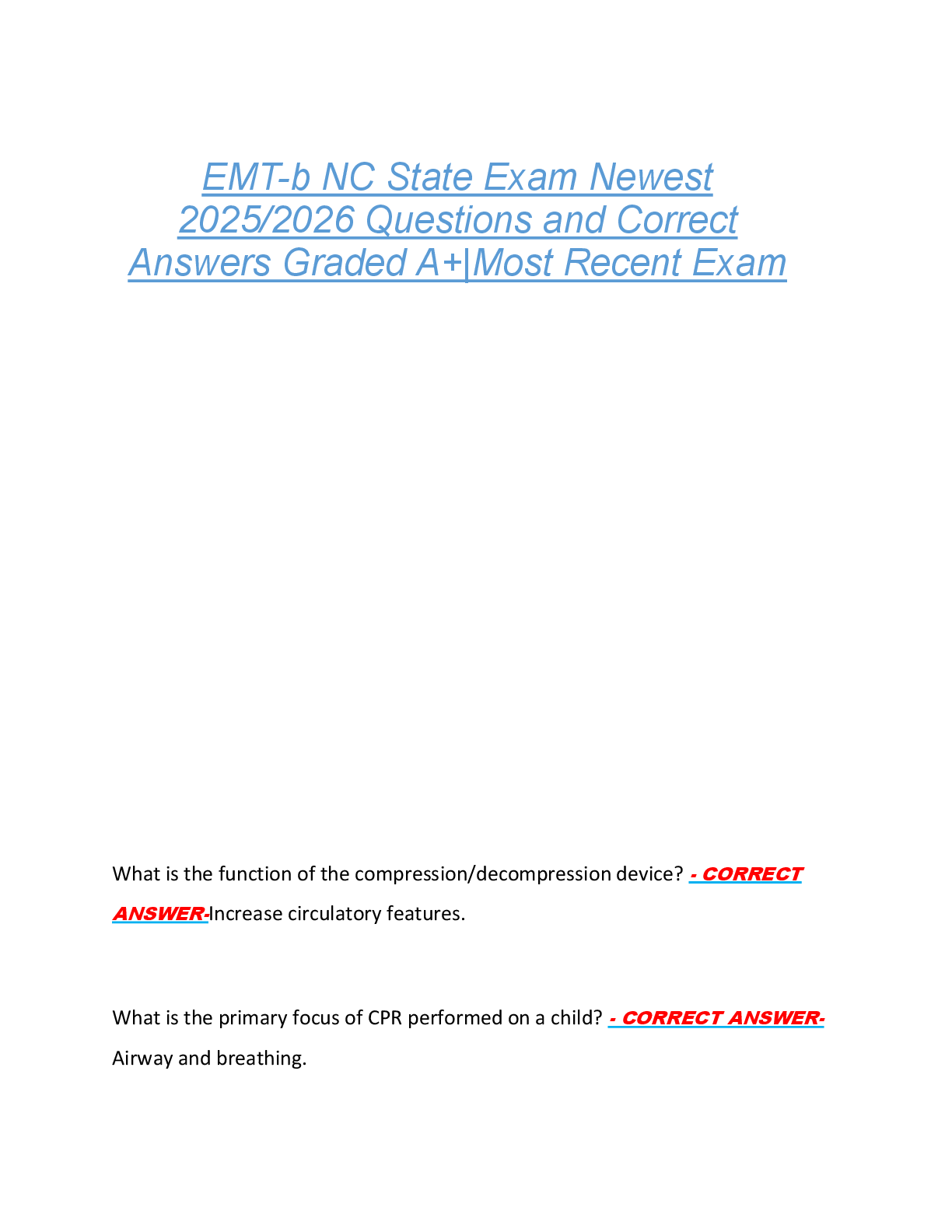 Preview image for EMT-b NC State Exam Newest  2025/2026 Questions and Correct  Answers Graded A+|Most Recent Exam