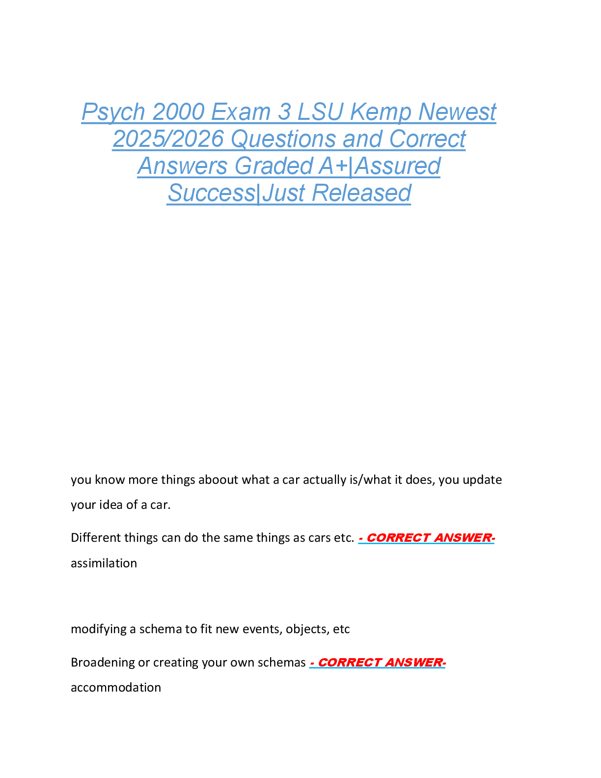 Preview of Psych 2000 Exam 3 LSU Kemp Newest  2025/2026 Questions and Correct  Answers Graded A+|Assured  Success|Just Released