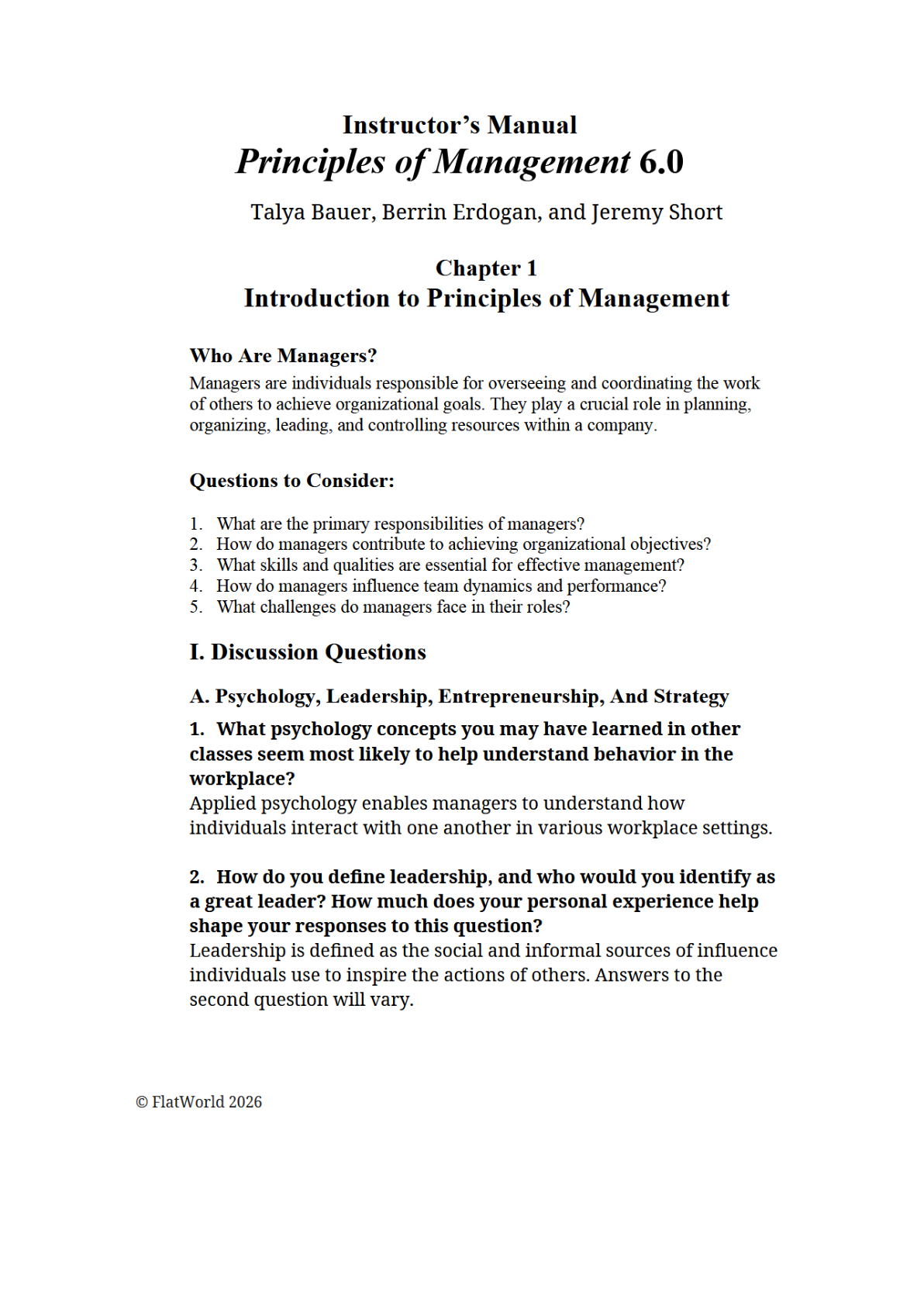Preview image for Solution Manual For Principles of Management Version 6.0 By Talya Bauer, Berrin Erdogan, and Jeremy Short Chapter 1-14