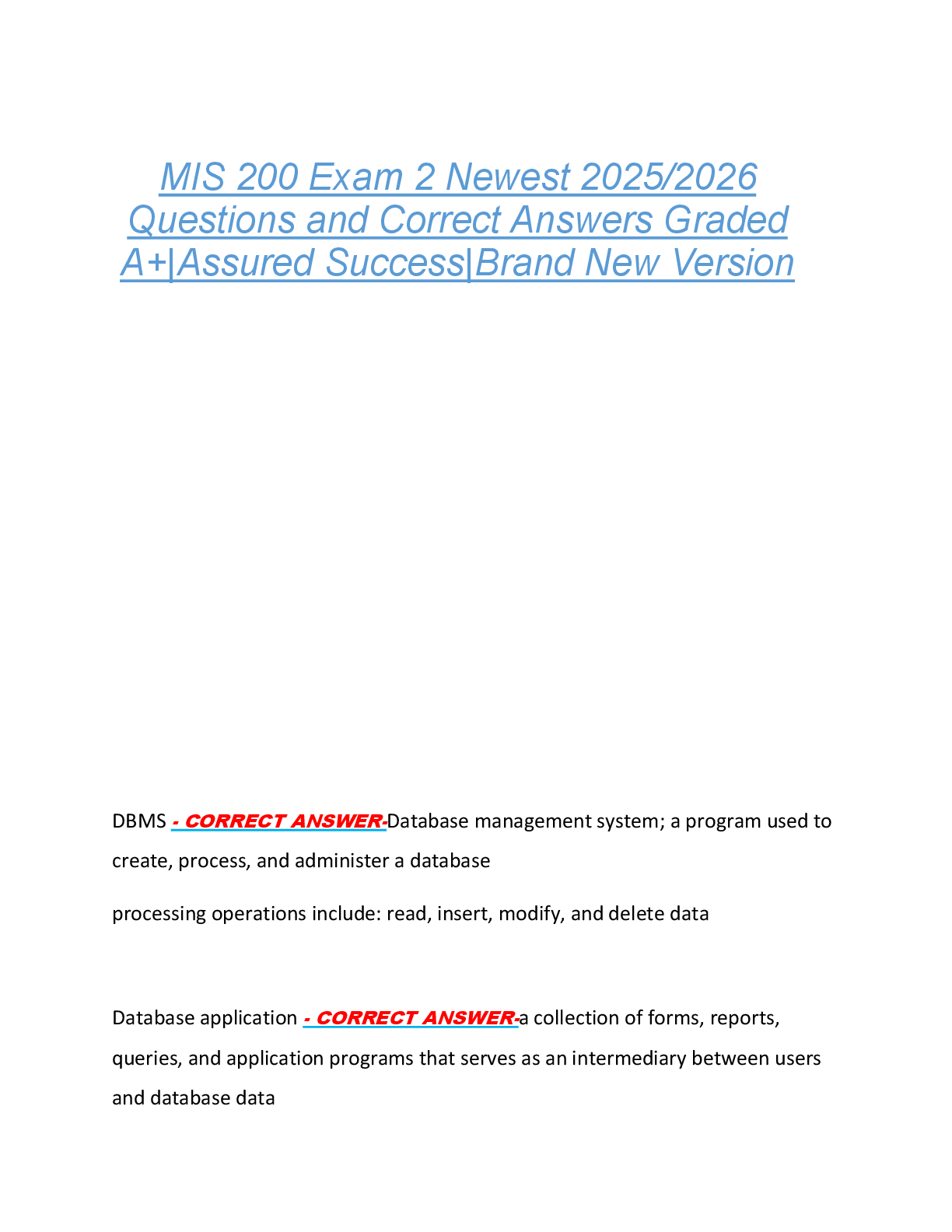 Preview of MIS 200 Exam 2 Newest 2025/2026  Questions and Correct Answers Graded  A+|Assured Success|