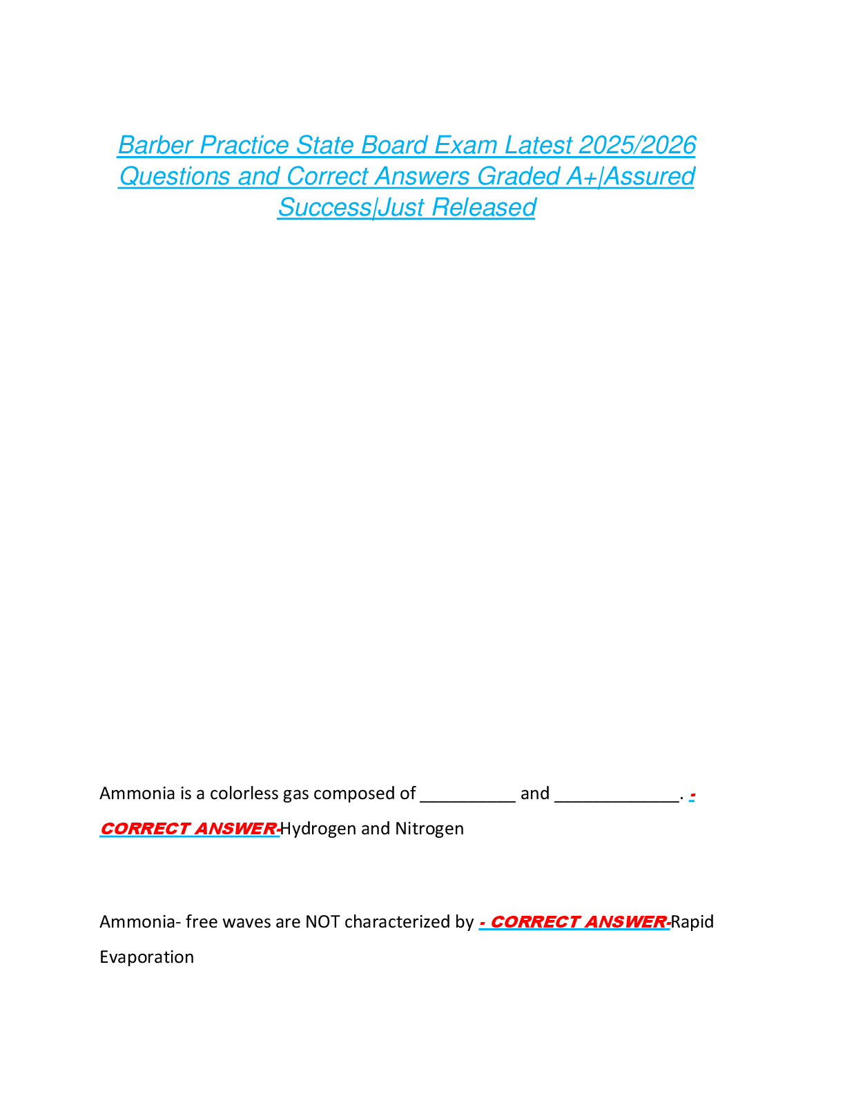Barber Practice State Board Exam Latest 2025/2026  Questions and Correct Answers Graded A+|Assured  Success|Just Released