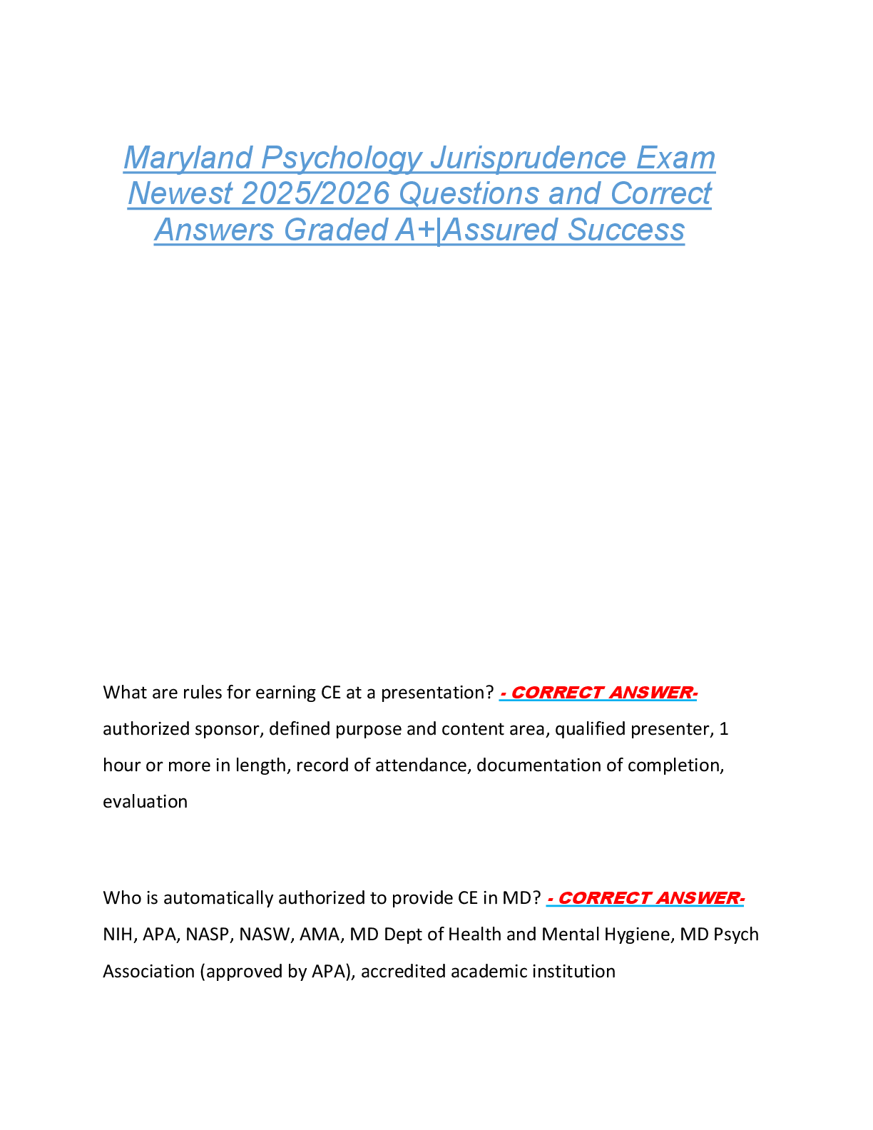 Preview of Maryland Psychology Jurisprudence Exam  Newest 2025/2026 Questions and Correct  Answers Graded A+|Assured Success