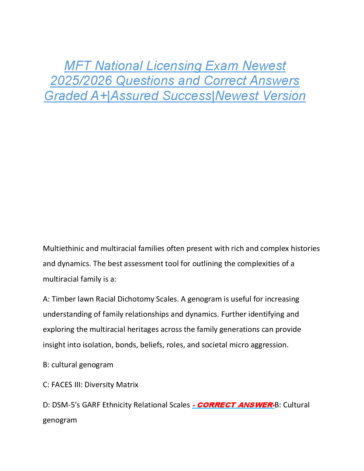 Preview image for MFT National Licensing Exam Newest  2025/2026 Questions and Correct Answers  Graded A+|Assured Success|Newest Version