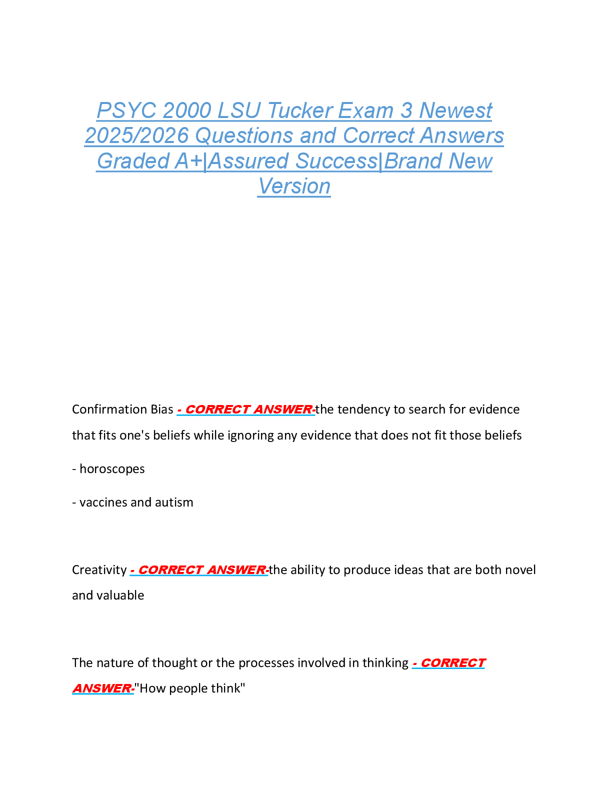 Preview of PSYC 2000 LSU Tucker Exam 3 Newest  2025/2026 Questions and Correct Answers  Graded A+|Assured Success|Brand New  Version