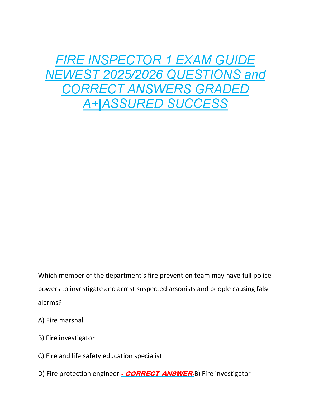 Preview image for FIRE INSPECTOR 1 EXAM GUIDE  NEWEST 2025/2026 QUESTIONS and  CORRECT ANSWERS GRADED  A+|ASSURED SUCCESS