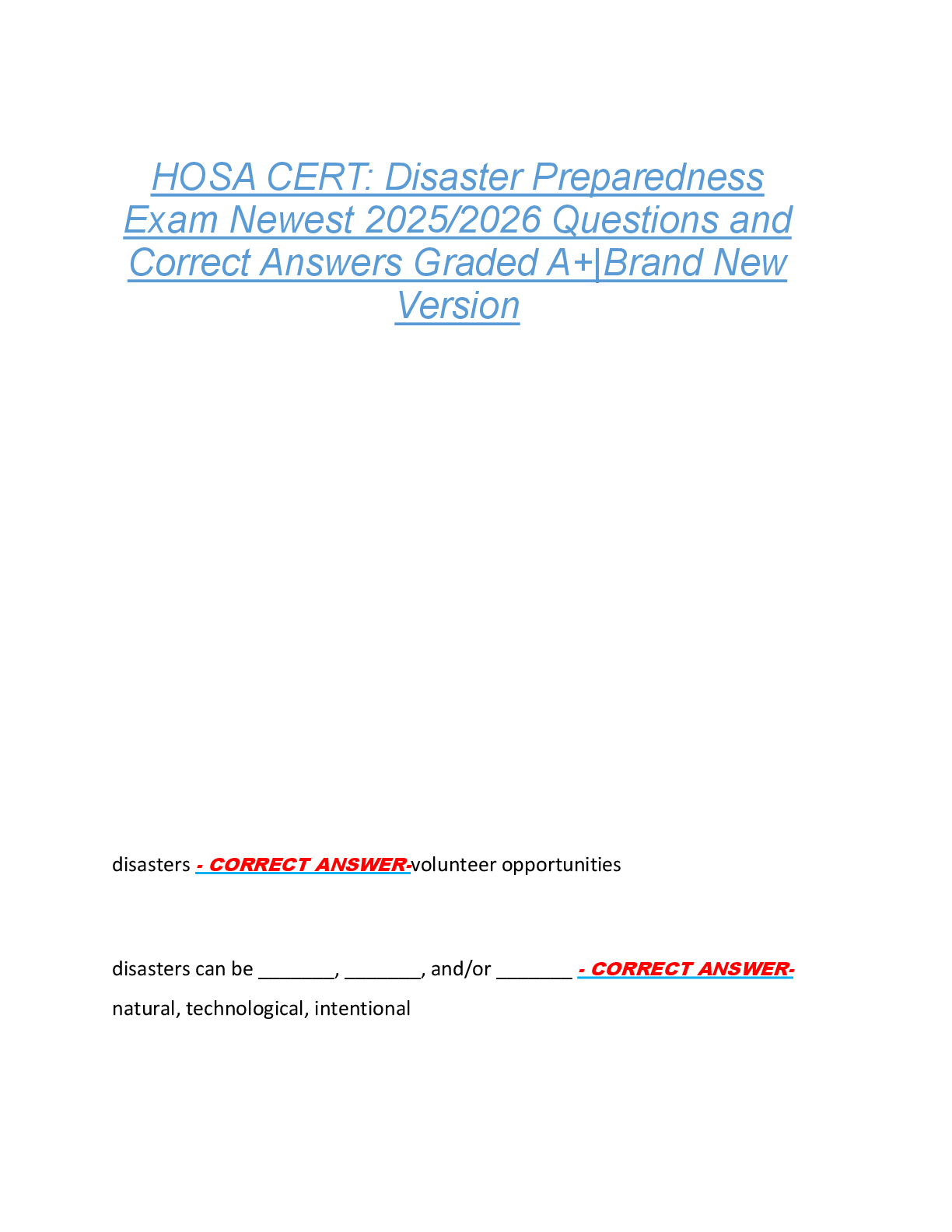 Preview of HOSA CERT: Disaster Preparedness  Exam Newest 2025/2026 Questions and  Correct Answers Graded A+|Brand New  Version