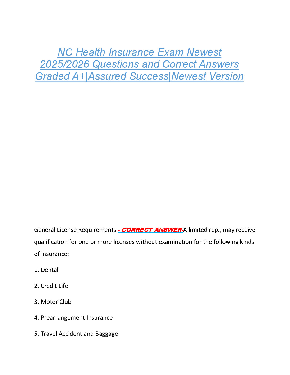 NC Health Insurance Exam Newest  2025/2026 Questions and Correct Answers  Graded A+|Assured Success|Newest Version