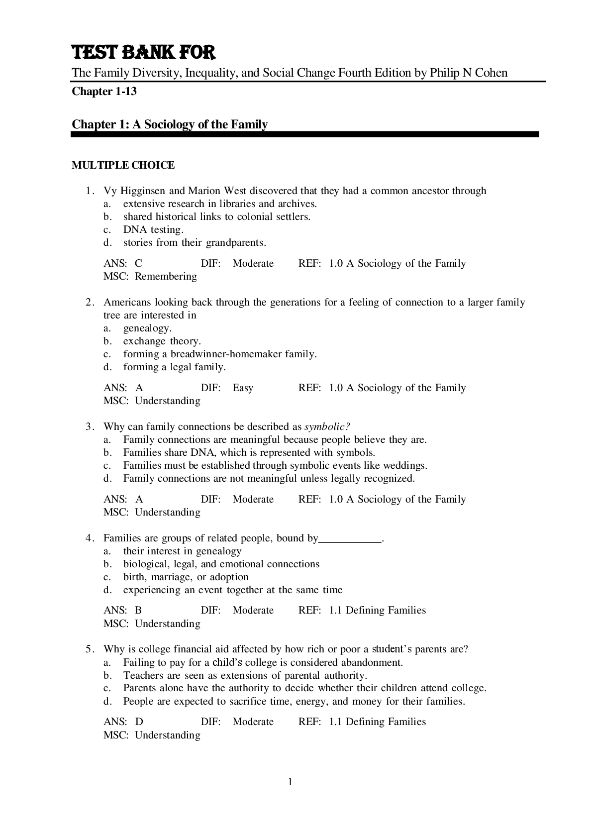 Preview image for Test Bank For The Family Diversity, Inequality, and Social Change Fourth Edition by Philip N Cohen Chapter 1-13
