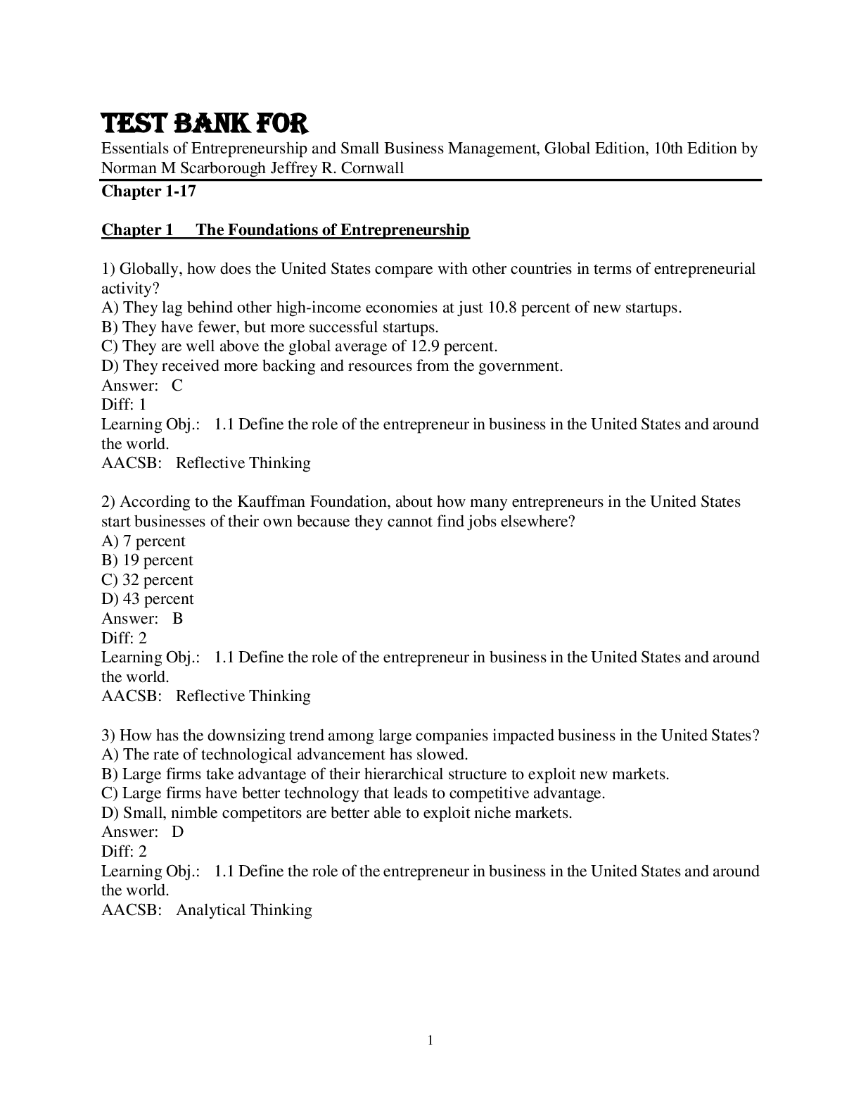 Preview image for Test Bank For Essentials of Entrepreneurship and Small Business Management, Global Edition, 10th edition Norman M Scarborough Jeffrey R. Cornwall Chapter 1-17
