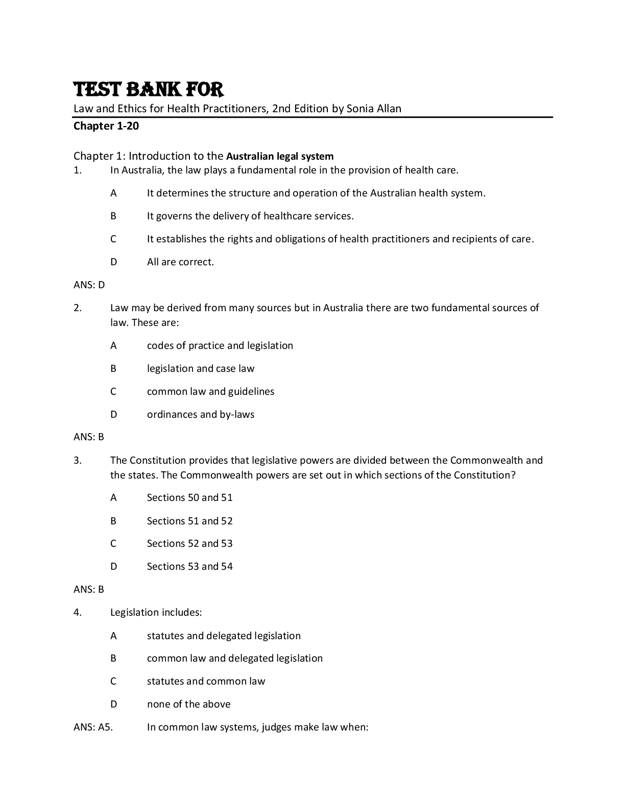 Preview image for Test Bank For Law and Ethics for Health Practitioners, 2nd Edition by Sonia Allan Chapter 1-20