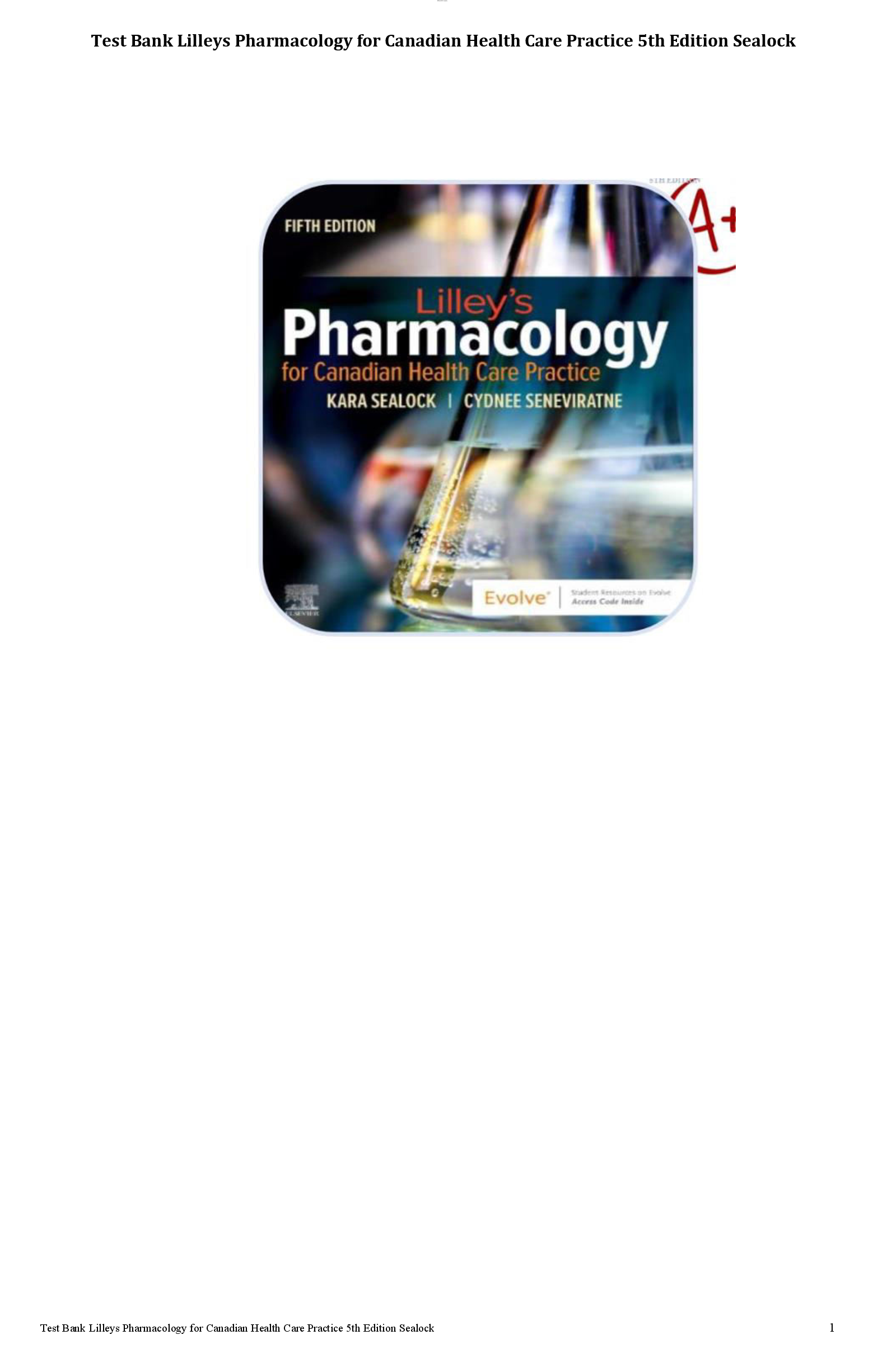 Preview image for Test Bank Lilleys Pharmacology for Canadian Health Care Practice 5th Edition Sealock Complete All Chapters! ALREADY RATED A+ 100% CORRECT ANSWERS