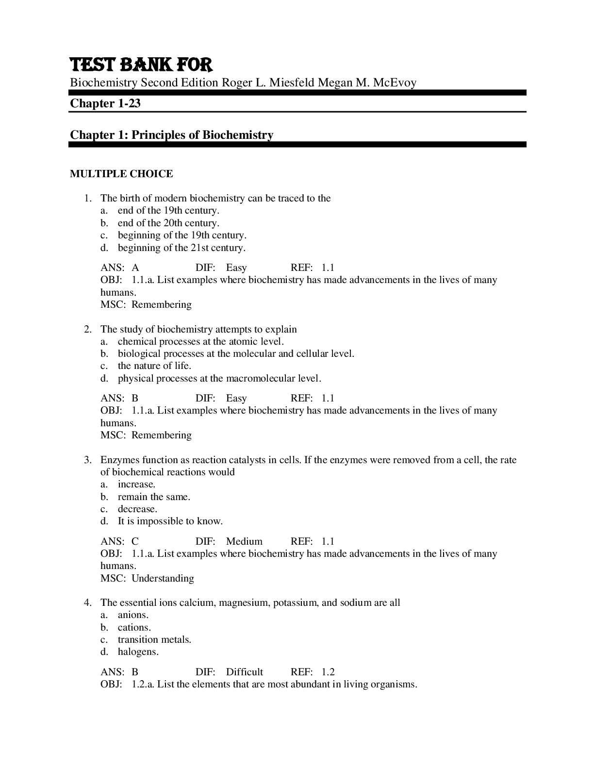 Preview image for Test Bank For Biochemistry Second Edition Roger L. Miesfeld Megan M. McEvoy Chapter 1-23