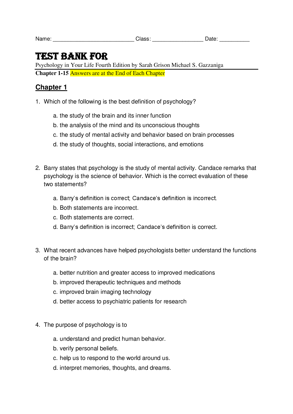 Preview image for Test Bank For Psychology in Your Life Fourth Edition by Sarah Grison Michael S. Gazzaniga Chapter 1-15