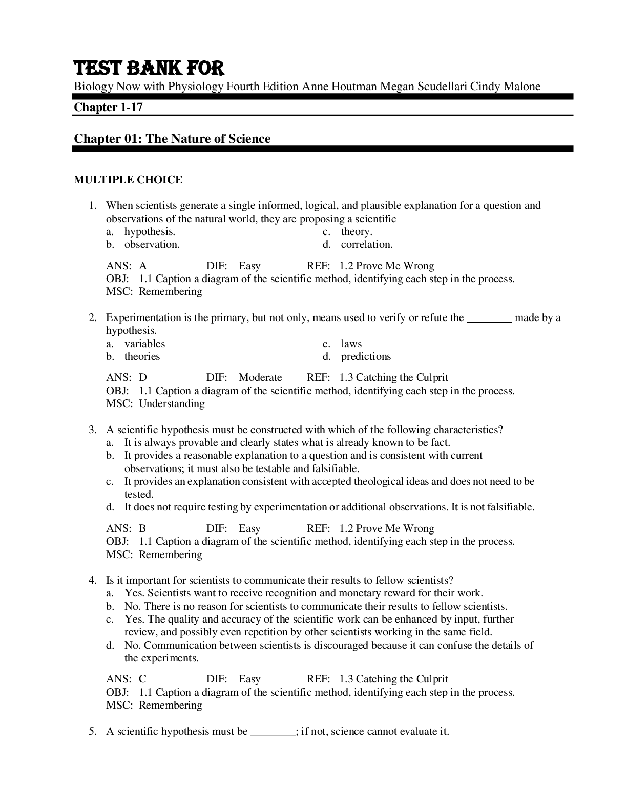 Preview image for Test Bank For Biology Now with Physiology Fourth Edition Anne Houtman Megan Scudellari Cindy Malone Chapter 1-17