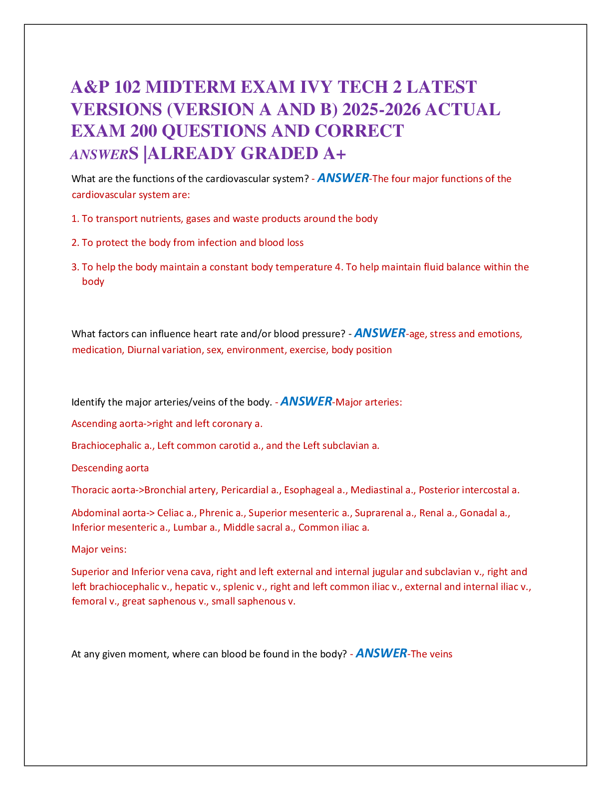 Preview of A&P 102 MIDTERM EXAM IVY TECH 2 LATEST   VERSIONS (VERSION A AND B) 2025-2026 ACTUAL  EXAM