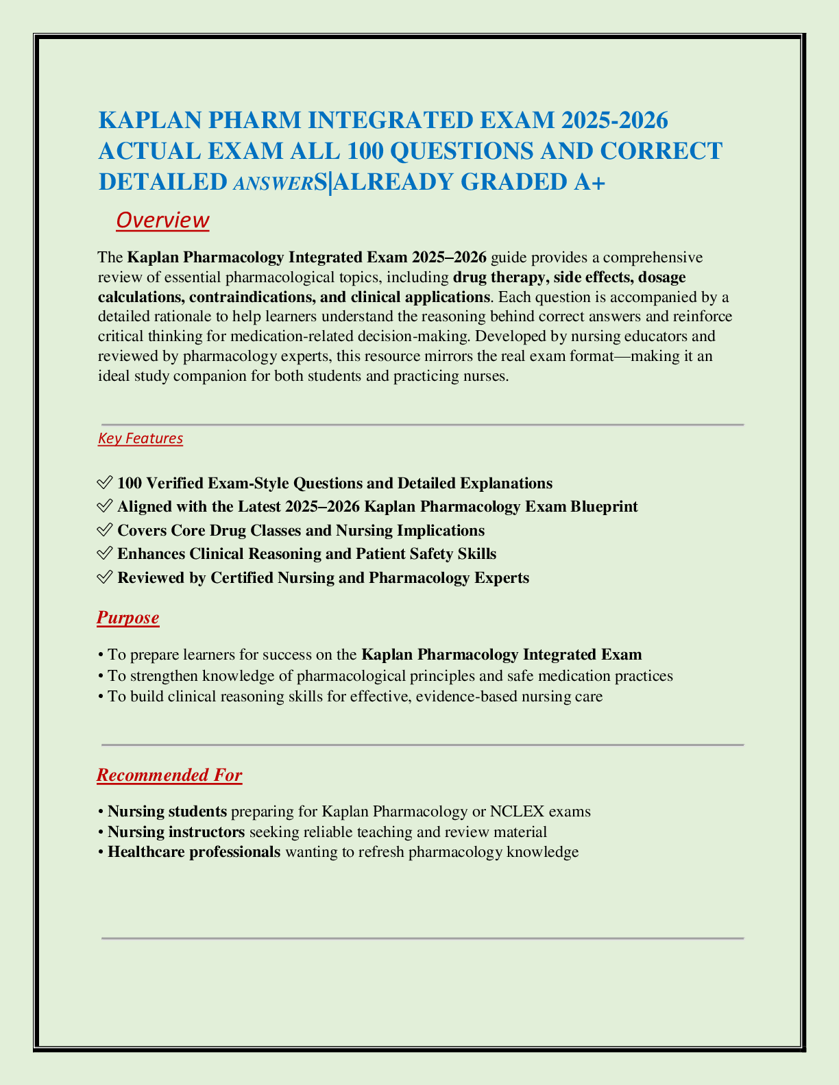 KAPLAN PHARM INTEGRATED EXAM 2025-2026  ACTUAL EXAM ALL 100 QUESTIONS AND CORRECT DETAILED ANSWERS|ALREADY GRADED A+
