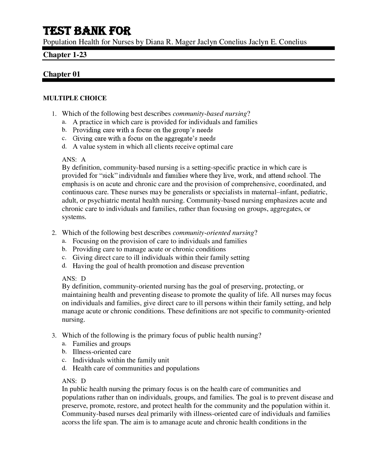 Preview image for Test Bank For Population Health for Nurses by Diana R. Mager Jaclyn Conelius Jaclyn E. Conelius Chapter 1-23