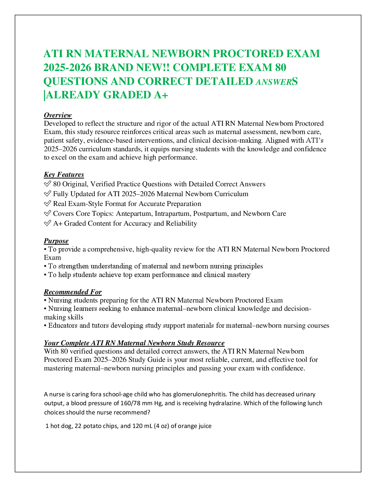 Recommended document preview for ATI RN MATERNAL NEWBORN PROCTORED EXAM   2025-2026 BRAND NEW!! COMPLETE EXAM 80   QUESTIONS AND CORRECT DETAILED ANSWERS   |ALREADY GRADED A+