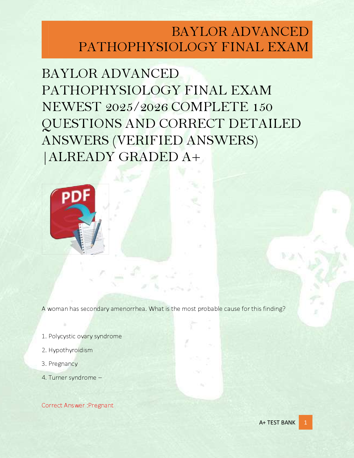 Preview image for BAYLOR ADVANCED  PATHOPHYSIOLOGY FINAL EXAM  NEWEST 2025/2026 COMPLETE 150  QUESTIONS AND CORRECT DETAILED  ANSWERS (VERIFIED ANSWERS)  |ALREADY GRADED A+