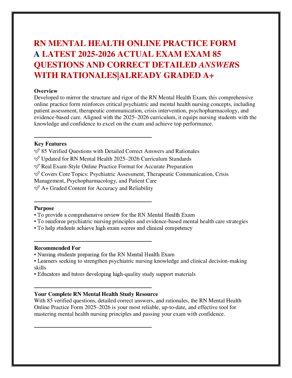 Preview of RN MENTAL HEALTH ONLINE PRACTICE FORM   A LATEST 2025-2026 ACTUAL EXAM EXAM 85 QUESTIONS A