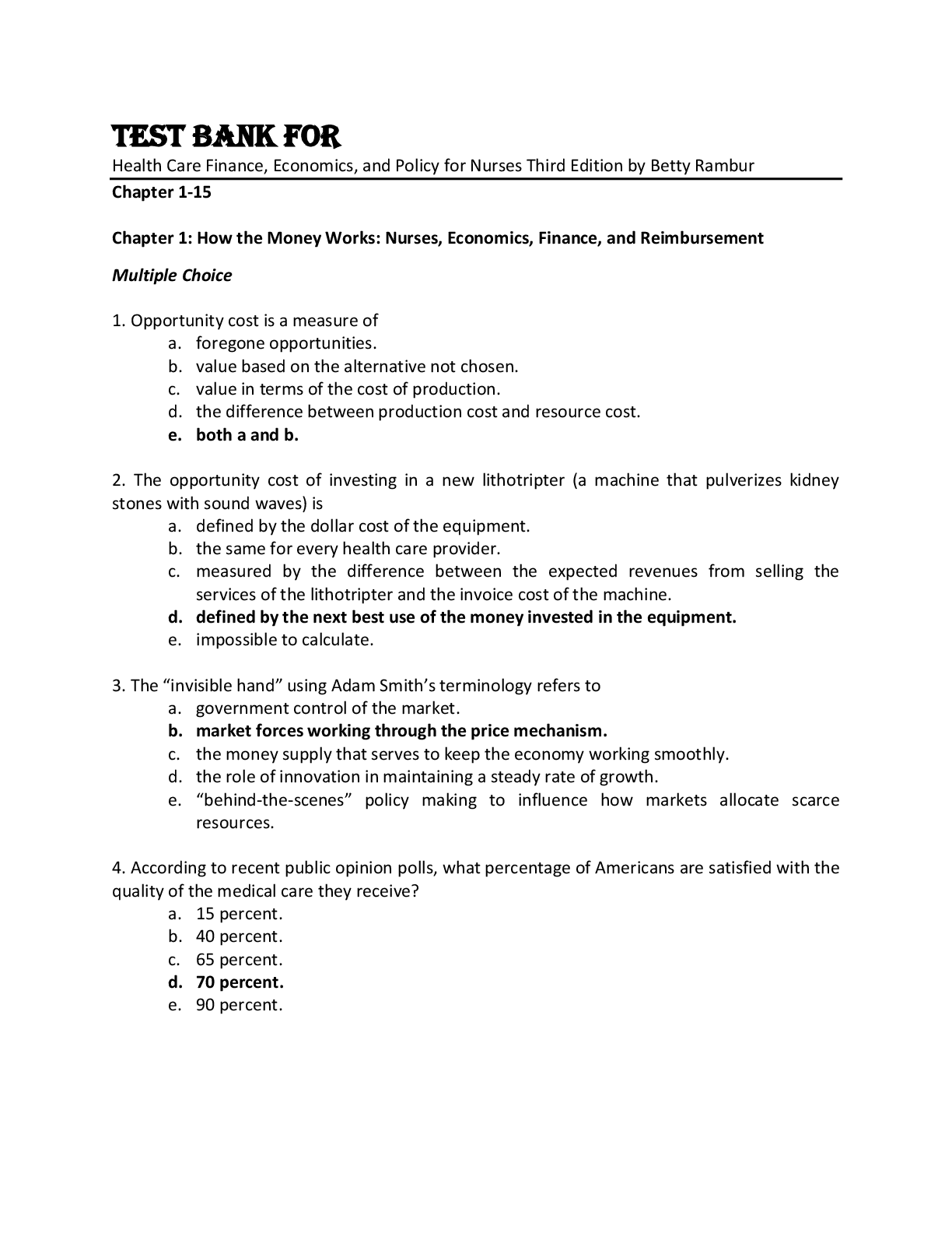 Preview image for Test Bank For Health Care Finance, Economics, and Policy for Nurses Third Edition by Betty Rambur Chapter 1-15