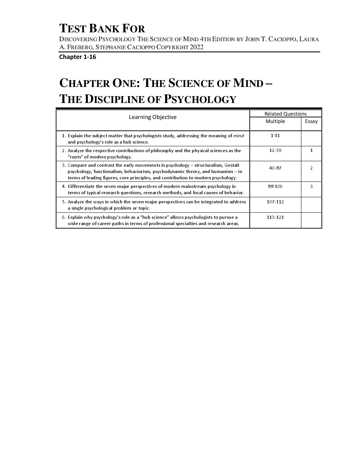 Preview image for Test Bank For Discovering Psychology The Science of Mind 4th Edition by John T. Cacioppo, Laura A. Freberg, Stephanie Cacioppo Copyright 2022 Chapter 1-16