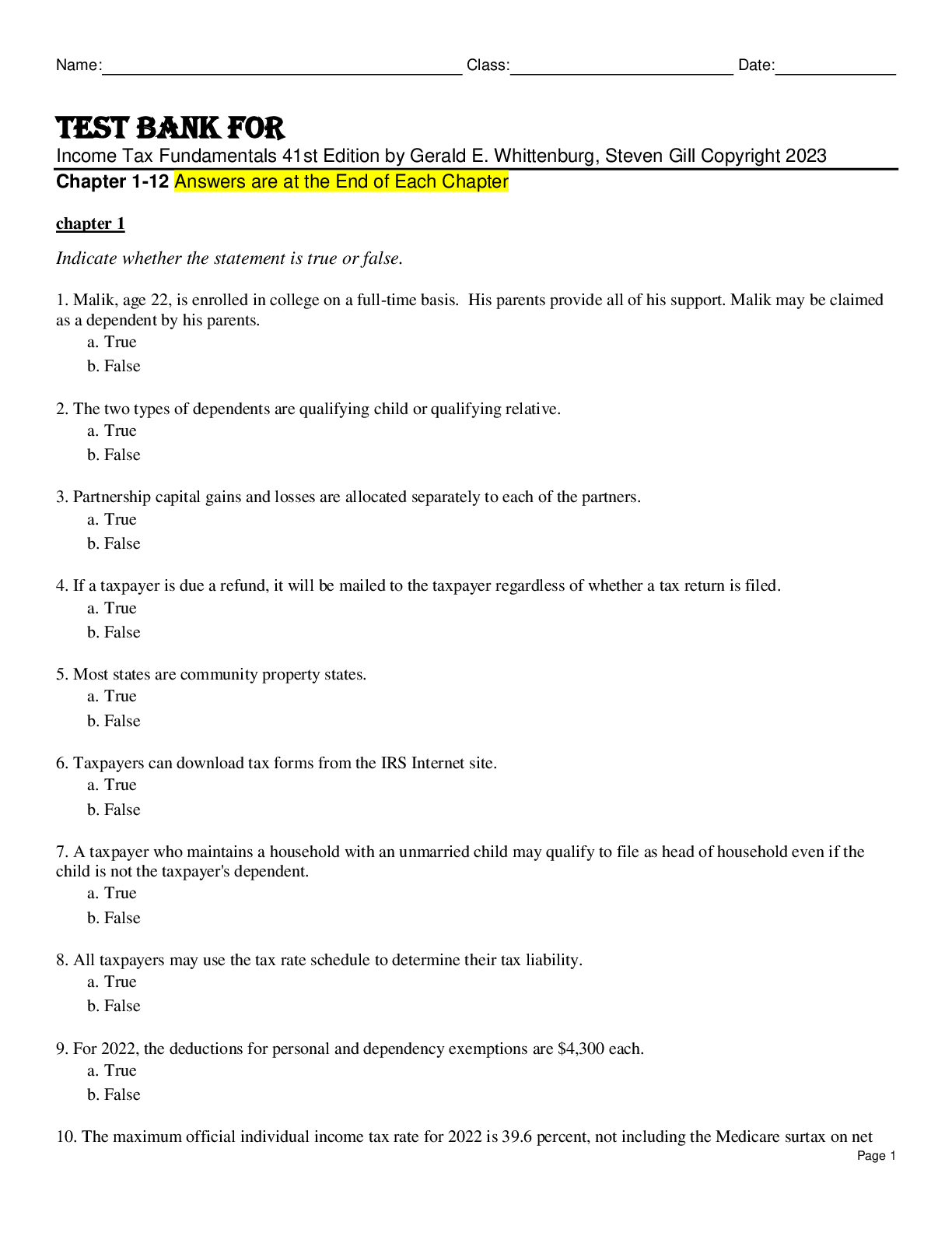 Preview image for Test Bank For Income Tax Fundamentals 41st Edition by Gerald E. Whittenburg, Steven Gill Copyright 2023 Chapter 1-12