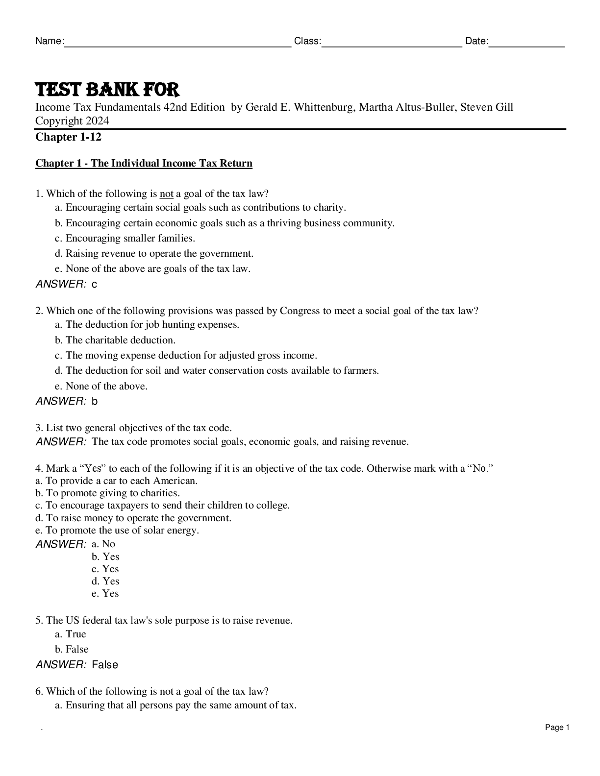 Preview image for Test Bank For Income Tax Fundamentals 42nd Edition by Gerald E. Whittenburg, Martha Altus-Buller, Steven Gill Copyright 2024 Chapter 1-12