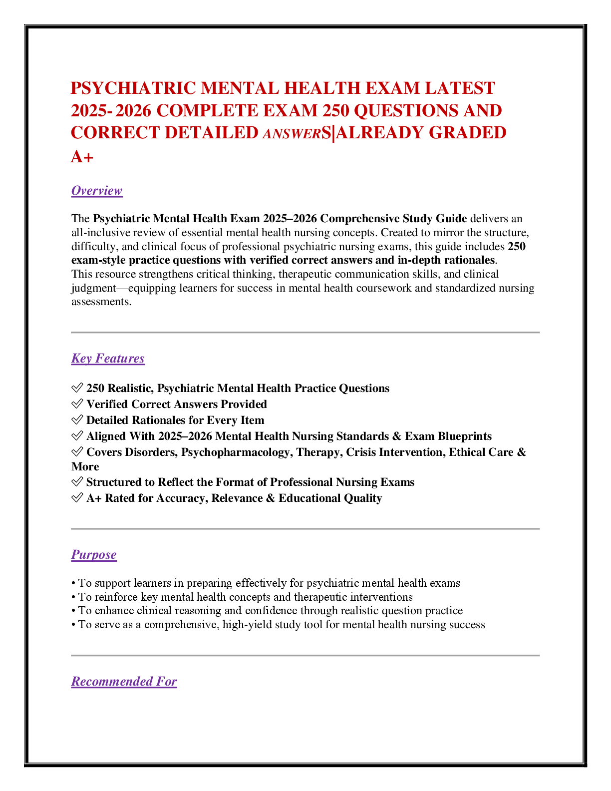 PSYCHIATRIC MENTAL HEALTH EXAM LATEST 2025- 2026 COMPLETE EXAM 250 QUESTIONS AND   CORRECT DETAILED ANSWERS|ALREADY GRADED   A+