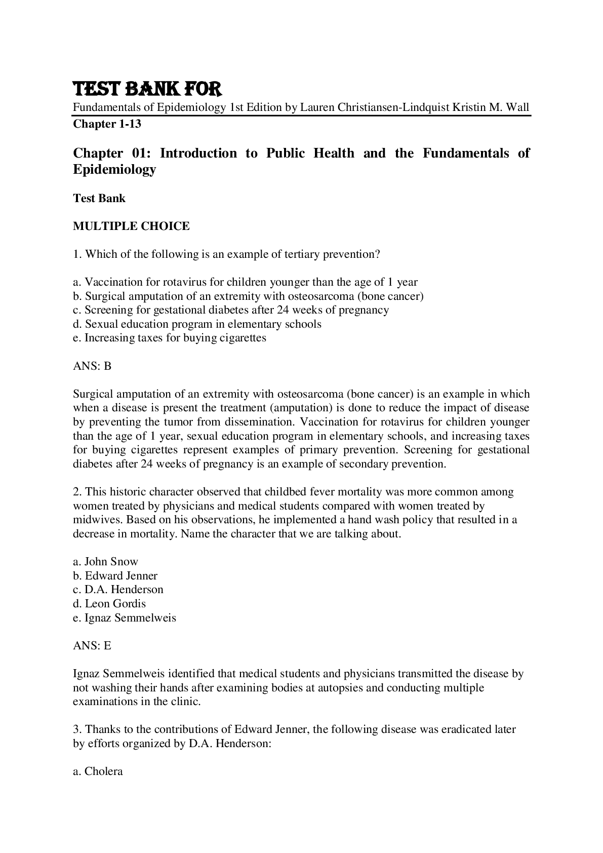 Preview image for Test Bank For Fundamentals of Epidemiology 1st Edition by Lauren Christiansen-Lindquist Kristin M. Wall Chapter 1-13