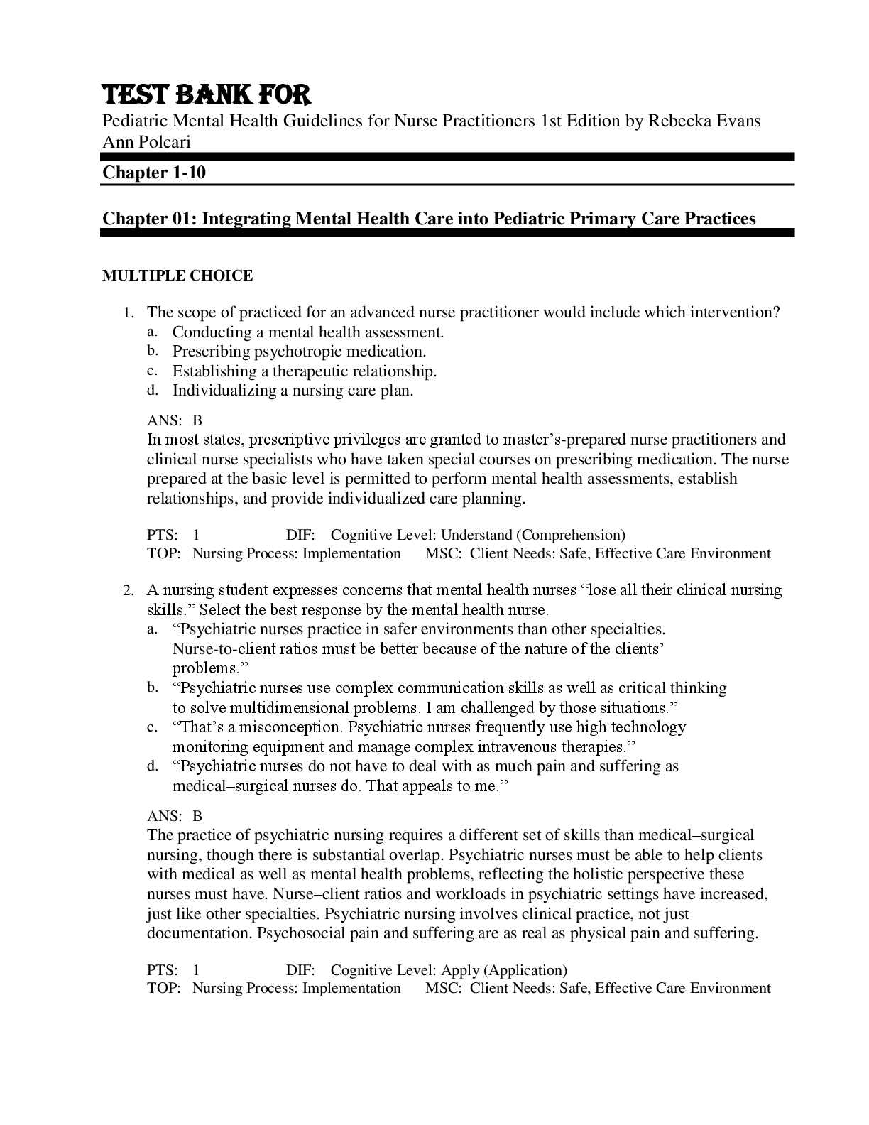 Preview image for Test Bank For Pediatric Mental Health Guidelines for Nurse Practitioners 1st Edition by Rebecka Evans Ann Polcari Chapter 1-10