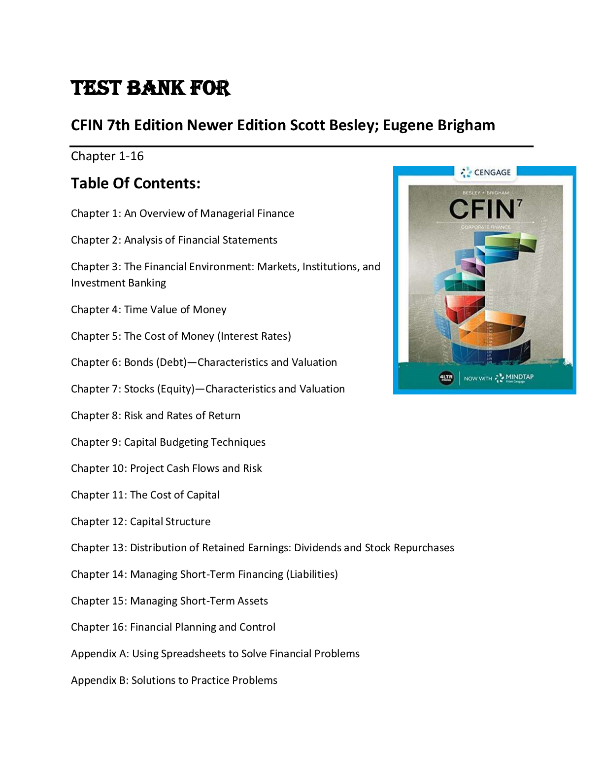 Preview image for TEST BANK FOR CFIN 7th Edition Newer Edition Scott Besley; Eugene Brigham