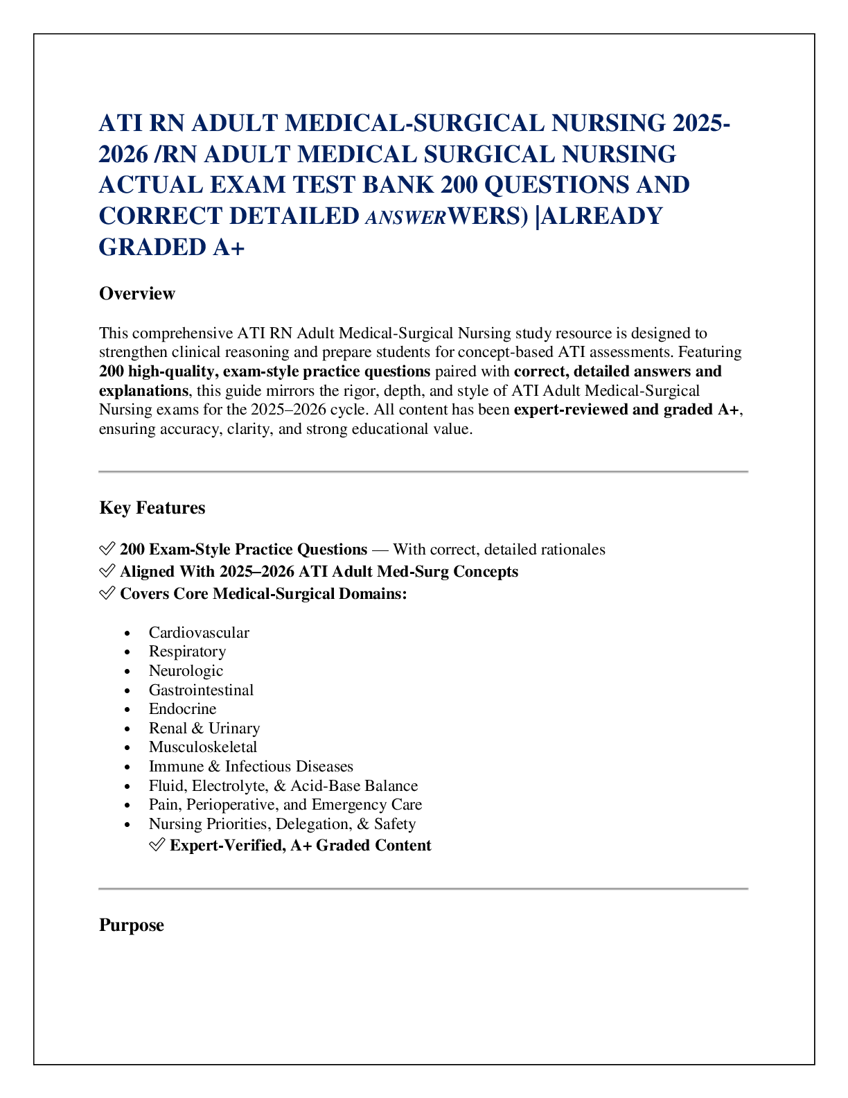 Recommended document preview for ATI RN ADULT MEDICAL-SURGICAL NURSING 2025-  2026 /RN ADULT MEDICAL SURGICAL NURSING   ACTUAL EXAM TEST BANK 200 QUESTIONS AND   CORRECT DETAILED ANSWERWERS) |ALREADY  GRADED A+