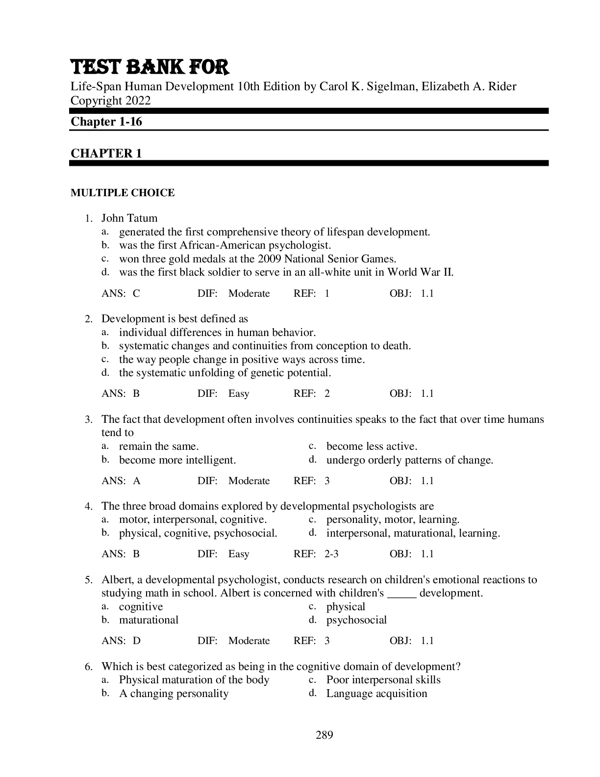 Preview image for Test Bank For Life-Span Human Development 10th Edition by Carol K. Sigelman, Elizabeth A. Rider Copyright 2022 Chapter 1-16