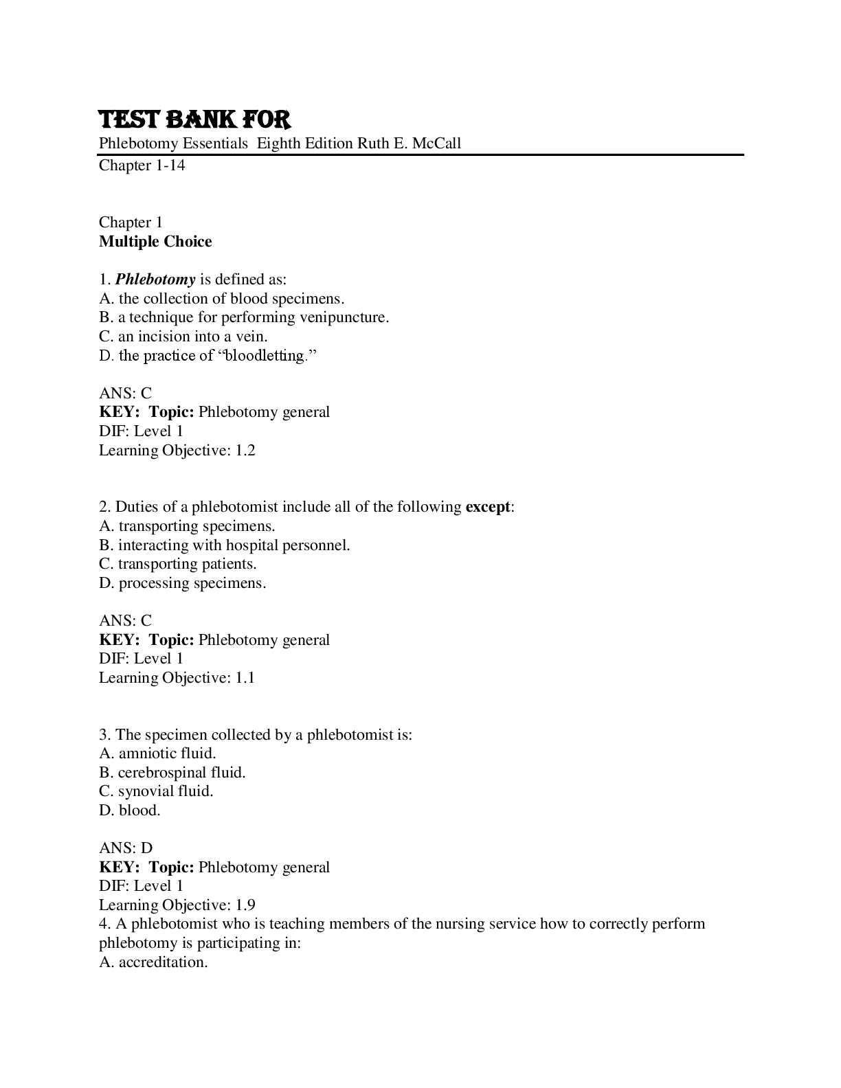 Preview image for Test Bank for Phlebotomy Essentials  Eighth Edition Ruth E. McCall