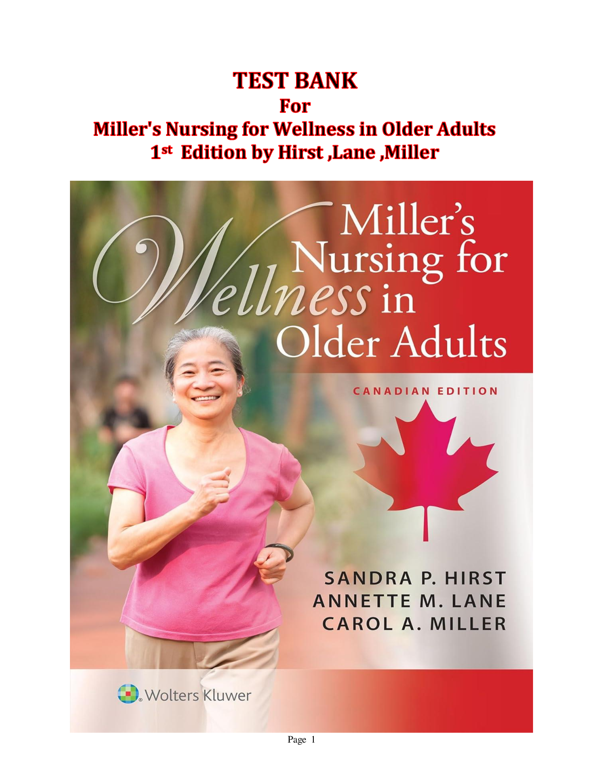 Preview image for Miller's Nursing for Wellness in Older Adults 1st Canadian Edition Test Bank | Hirst, Lane, Miller