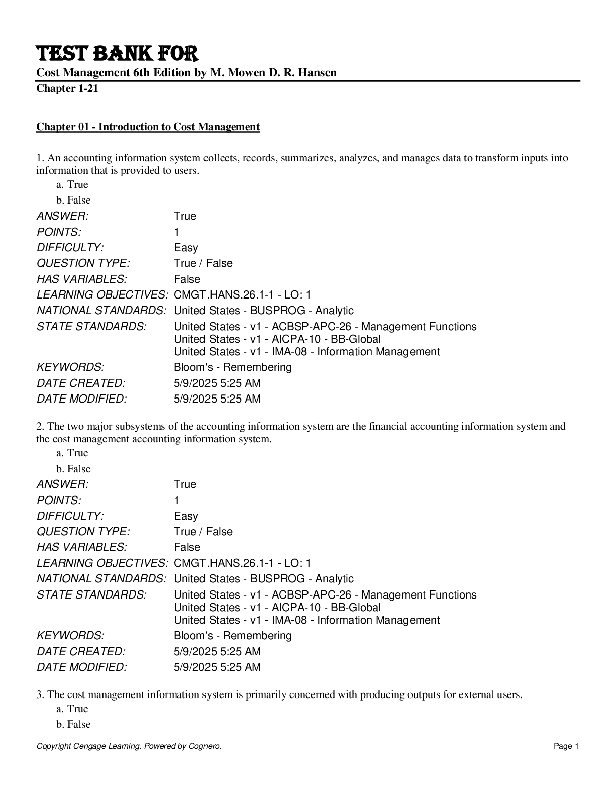 Preview image for Test Bank for Cost Management 6th edition by M. Mowen D. R. Hansen Chapter 1-21