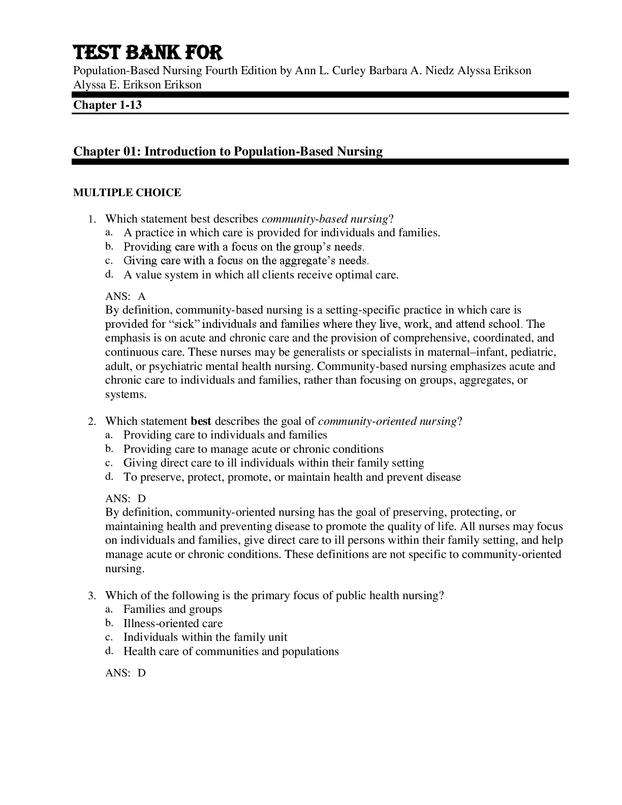 Preview image for Test Bank For Population-Based Nursing Fourth Edition by Ann L. Curley Barbara A. Niedz Alyssa Erikson Alyssa E. Erikson Erikson Chapter 1-13
