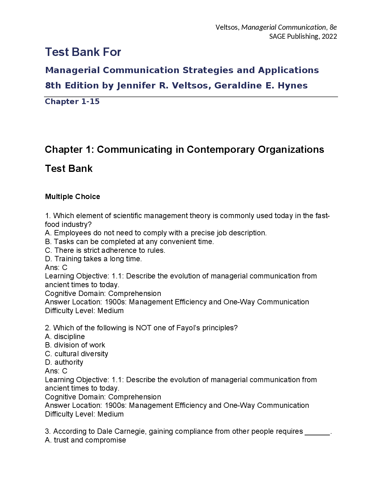 Preview image for Test Bank For Managerial Communication Strategies and Applications 8th Edition by Jennifer R. Veltsos, Geraldine E. Hynes Chapter 1-15