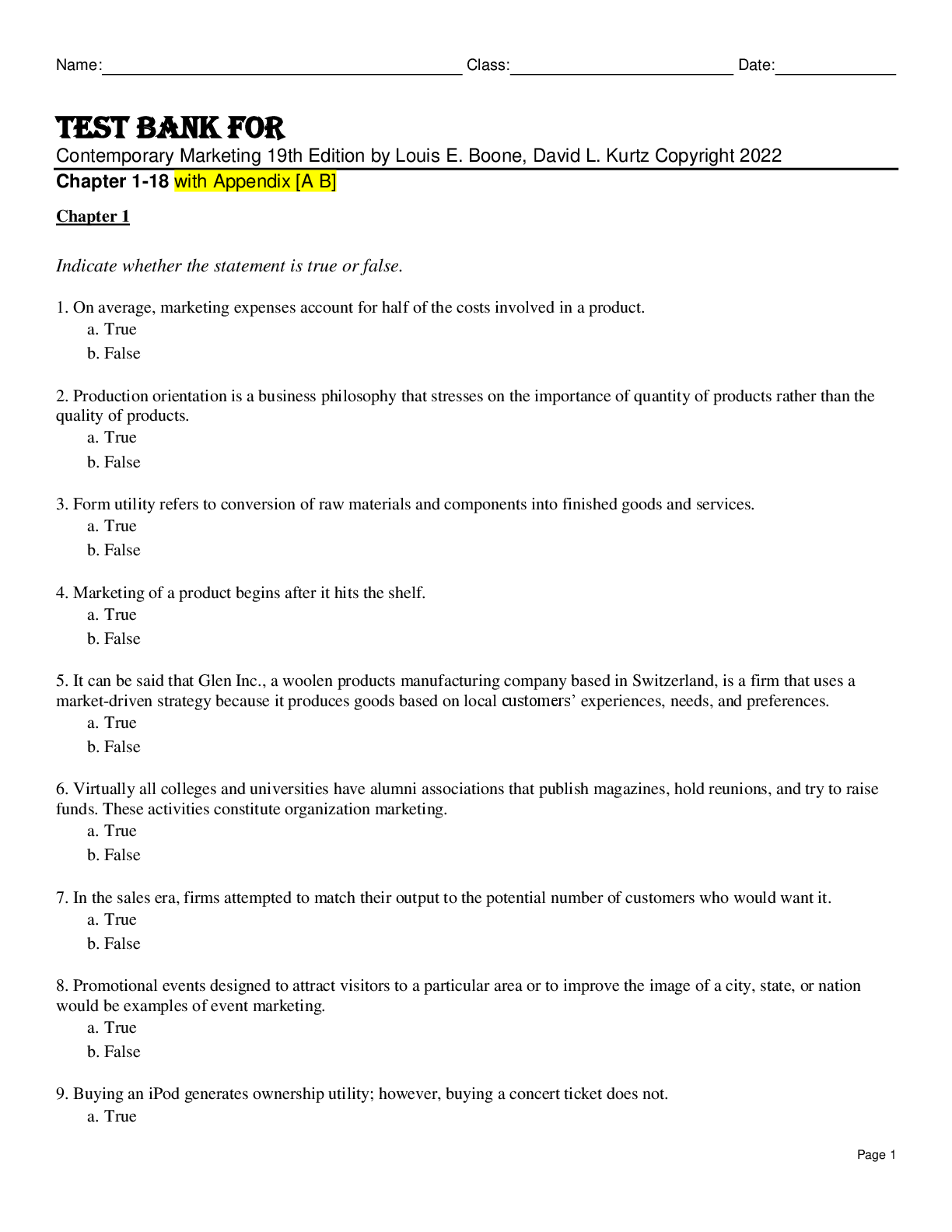 Preview image for Test Bank For Contemporary Marketing 19th Edition by Louis E. Boone, David L. Kurtz Copyright 2022 Chapter 1-18 With Appendix A B
