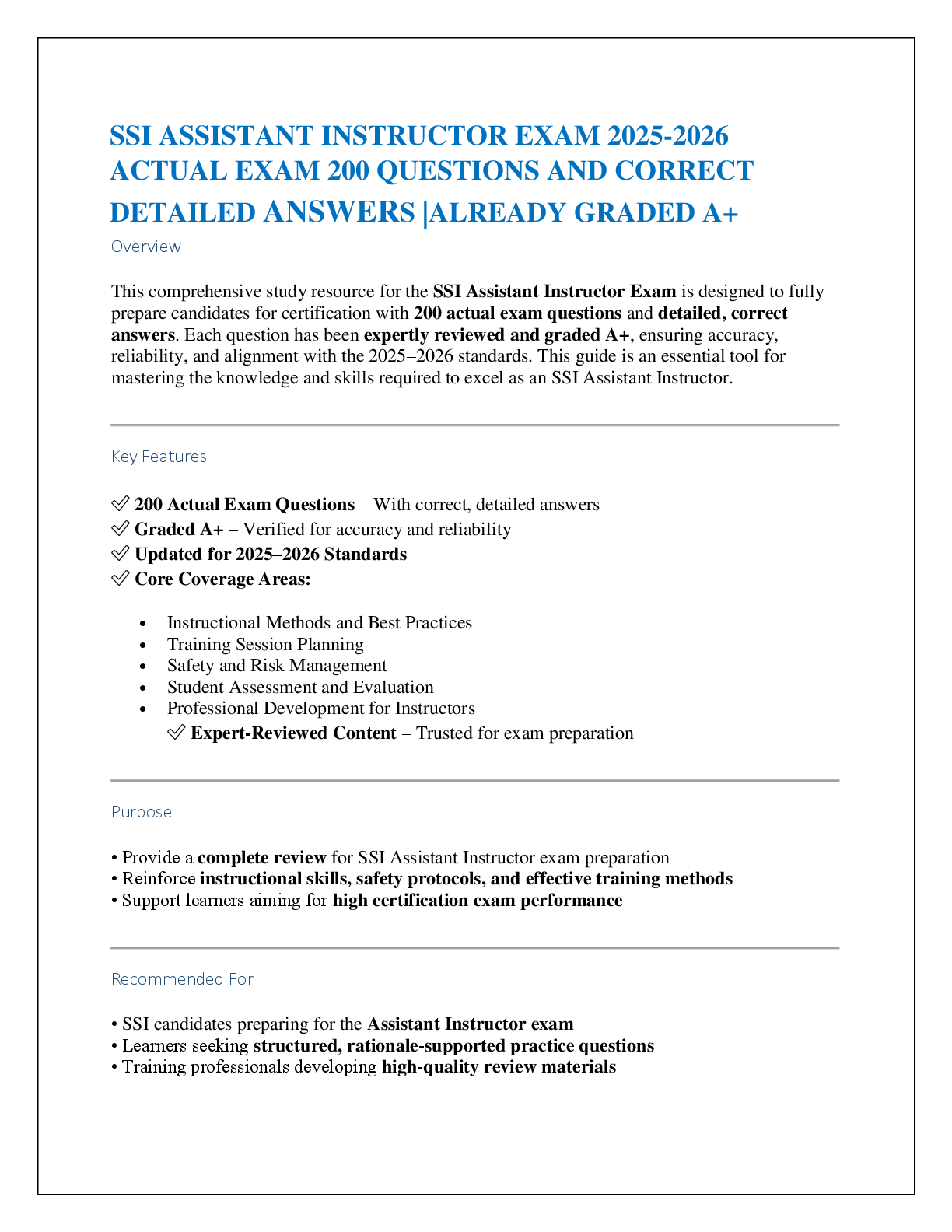 SSI ASSISTANT INSTRUCTOR EXAM 2025-2026   ACTUAL EXAM 200 QUESTIONS AND CORRECT   DETAILED ANSWERS |ALREADY GRADED A+
