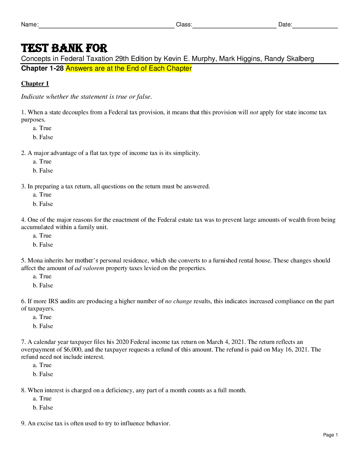 Preview image for Test Bank For Concepts in Federal Taxation 29th Edition by Kevin E. Murphy, Mark Higgins, Randy Skalberg Chapter 1-28