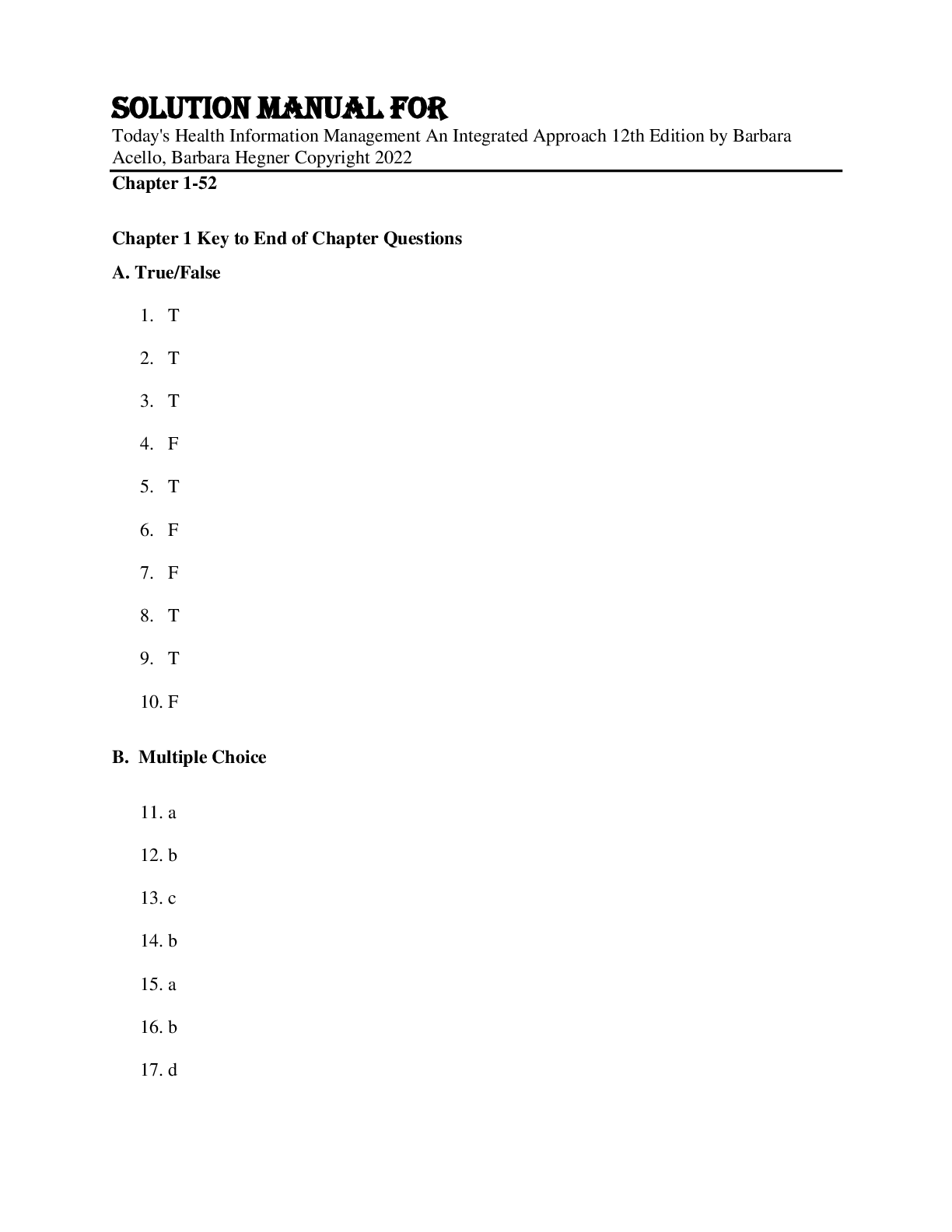 Preview image for Solution Manual For Today's Health Information Management An Integrated Approach 12th Edition by Barbara Acello, Barbara Hegner Copyright 2022 Chapter 1-52