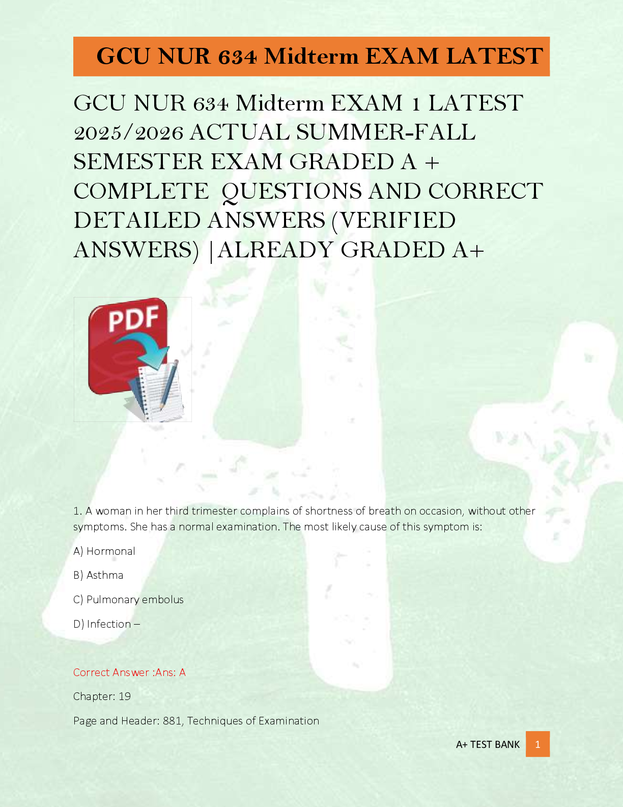 Preview image for GCU NUR 634 Midterm EXAM 1 LATEST  2025/2026 ACTUAL SUMMER-FALL  SEMESTER EXAM GRADED A +  COMPLETE  QUESTIONS AND CORRECT  DETAILED ANSWERS (VERIFIED  ANSWERS) |ALREADY GRADED A+