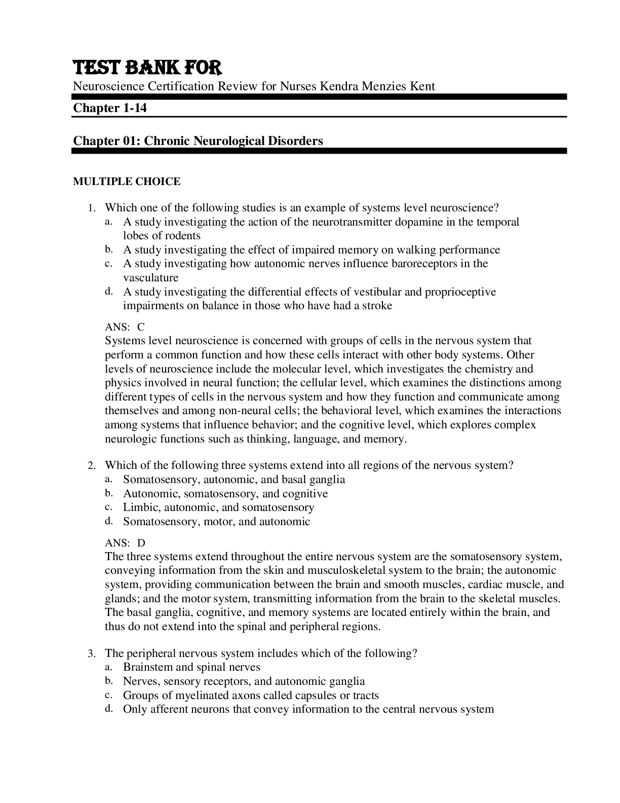 Preview image for Test Bank For Neuroscience Certification Review for Nurses Kendra Menzies Kent Chapter 1-14