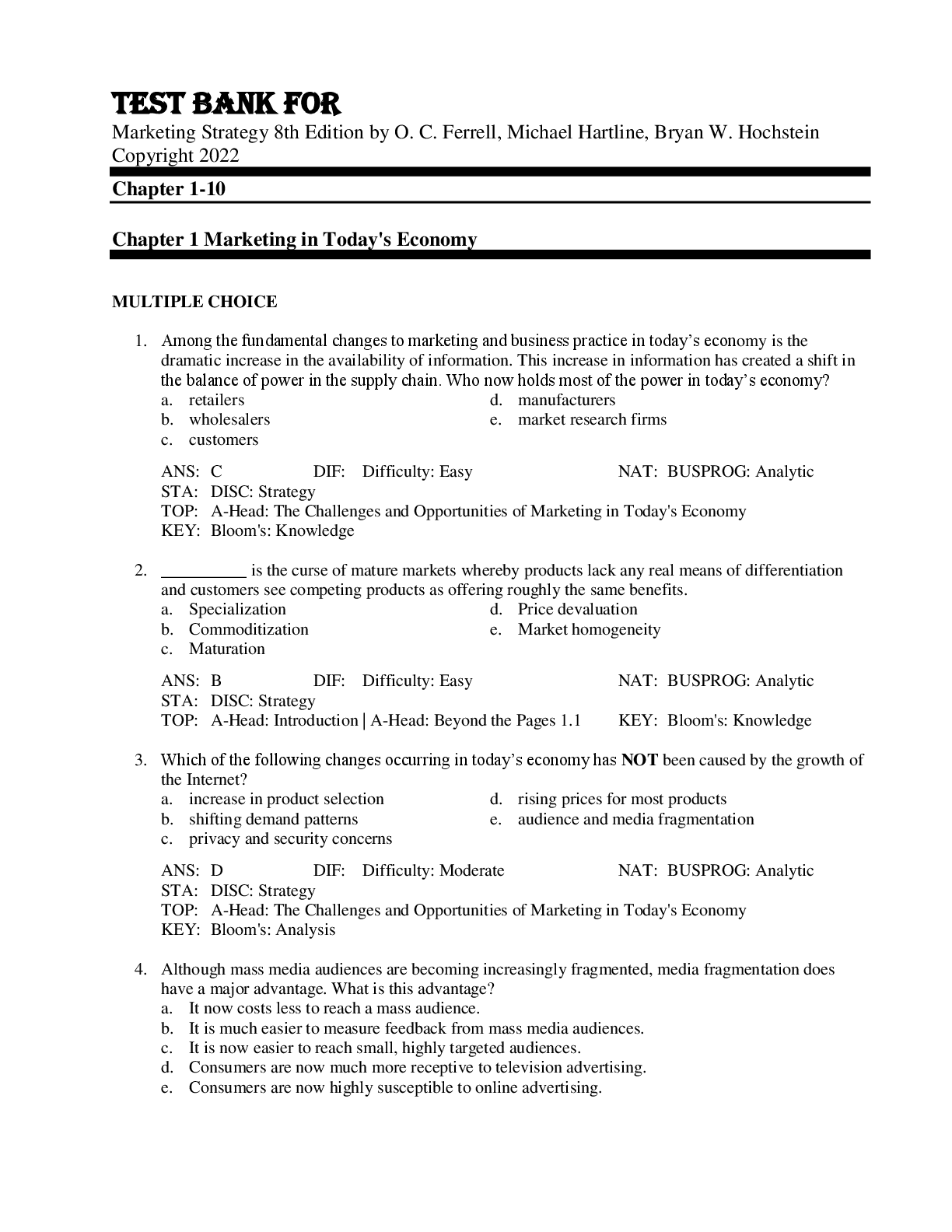 Preview image for Test Bank For Marketing Strategy 8th Edition by O. C. Ferrell, Michael Hartline, Bryan W. Hochstein Copyright 2022 Chapter 1-10