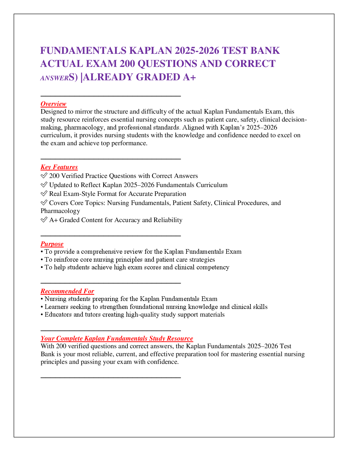 FUNDAMENTALS KAPLAN 2025-2026 TEST BANK   ACTUAL EXAM 200 QUESTIONS AND CORRECT  ANSWERS) |ALREADY GRADED A+