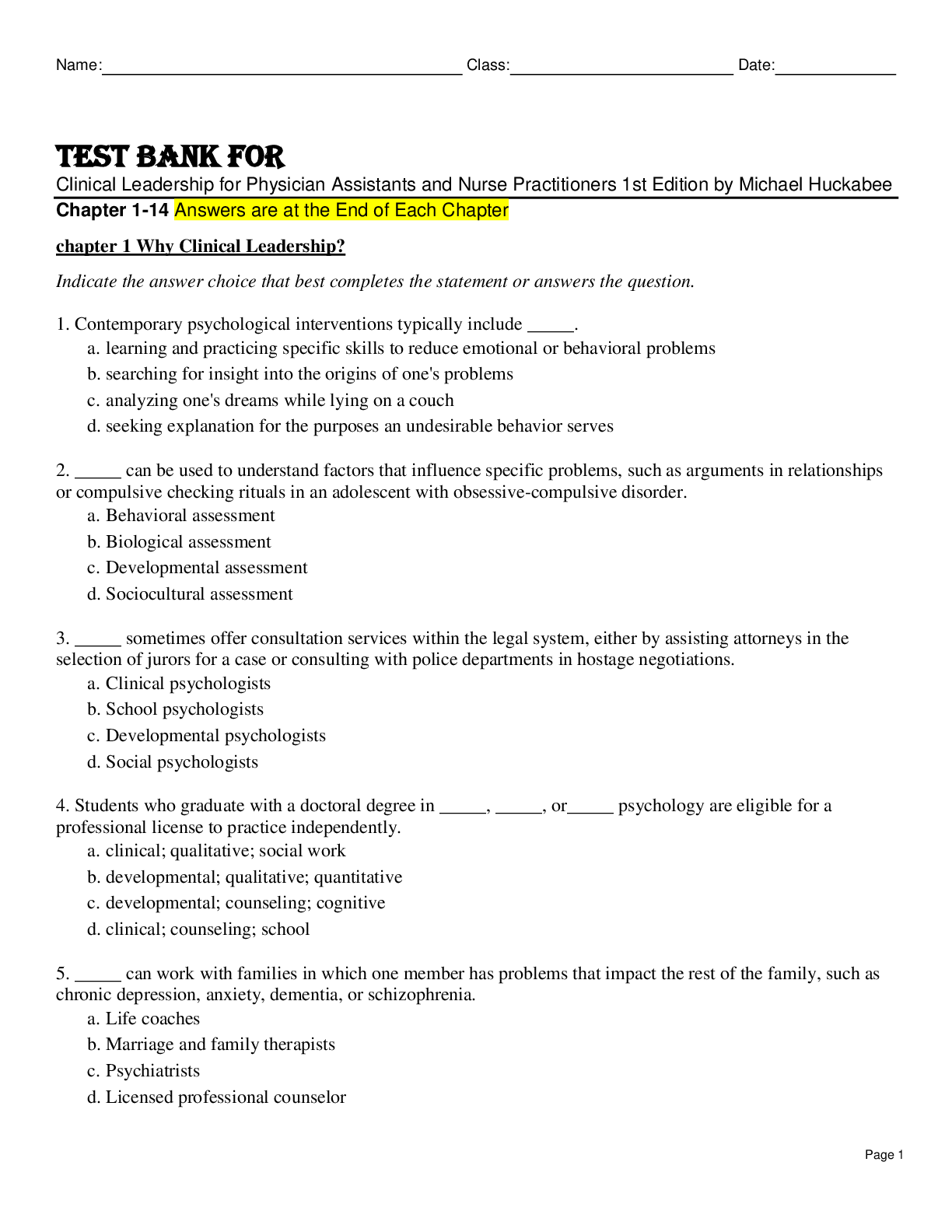 Preview image for Test Bank For Clinical Leadership for Physician Assistants and Nurse Practitioners 1st Edition by Michael Huckabee Chapter 1-14
