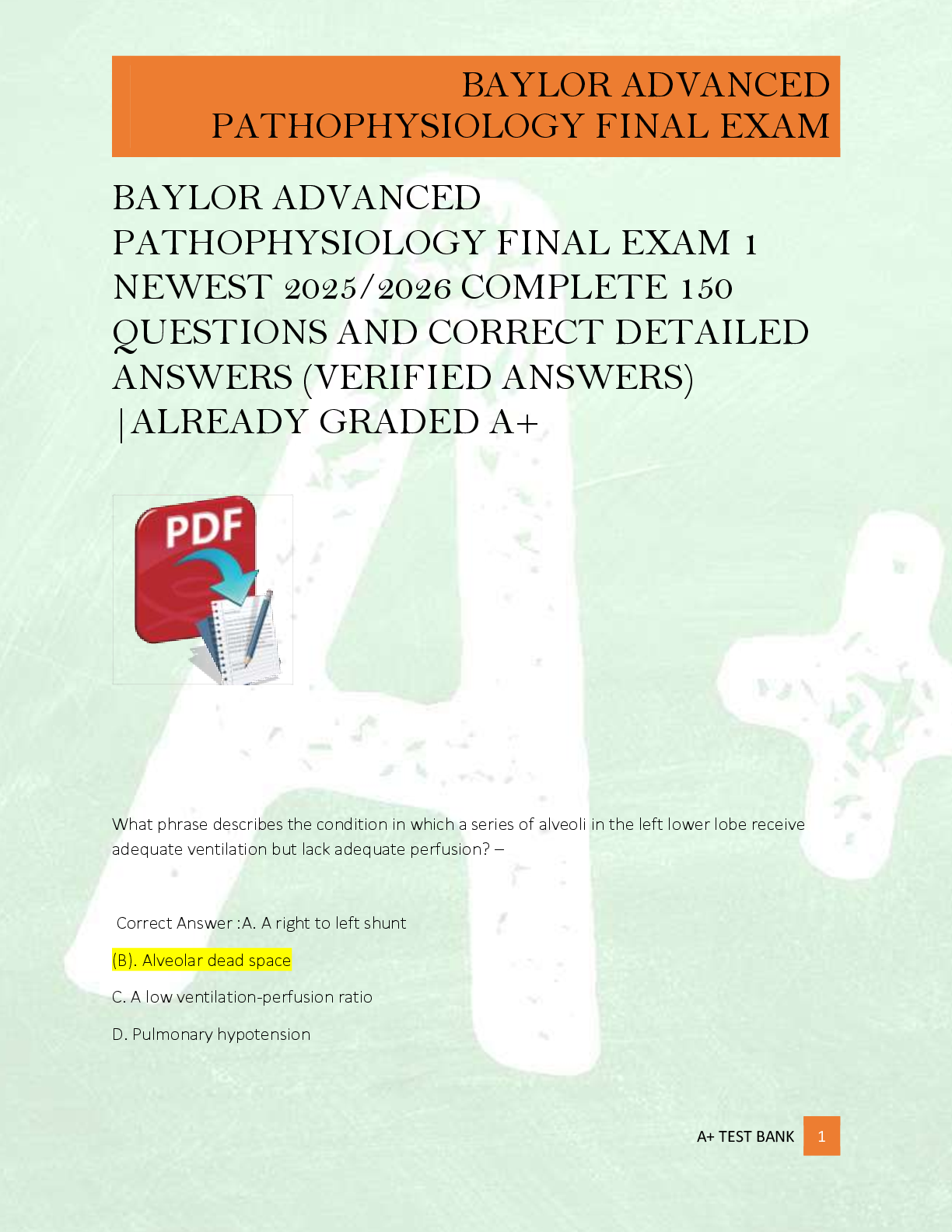 Preview image for BAYLOR ADVANCED  PATHOPHYSIOLOGY FINAL EXAM 1  NEWEST 2025/2026 COMPLETE 150  QUESTIONS AND CORRECT DETAILED  ANSWERS (VERIFIED ANSWERS)  |ALREADY GRADED A+