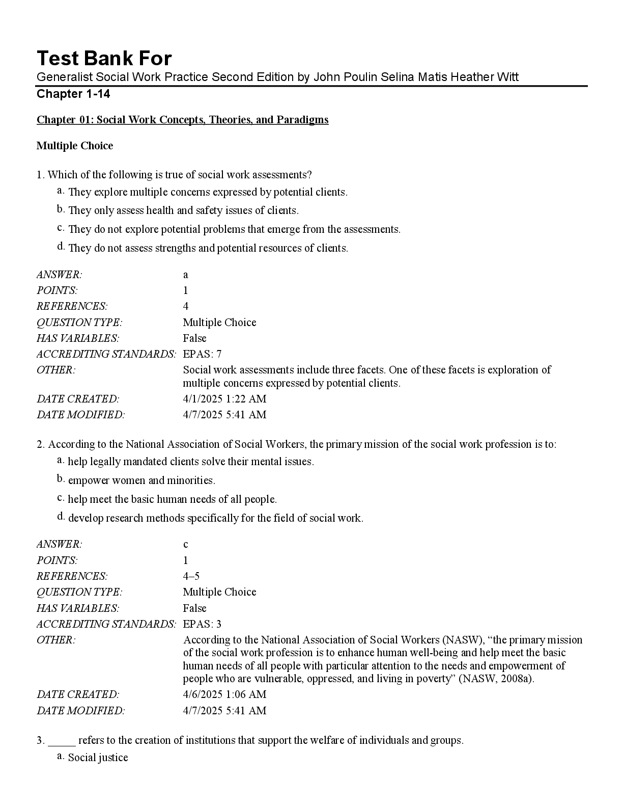 Preview image for Test Bank For Generalist Social Work Practice Second Edition by John Poulin Selina Matis Heather Witt Chapter 1-14